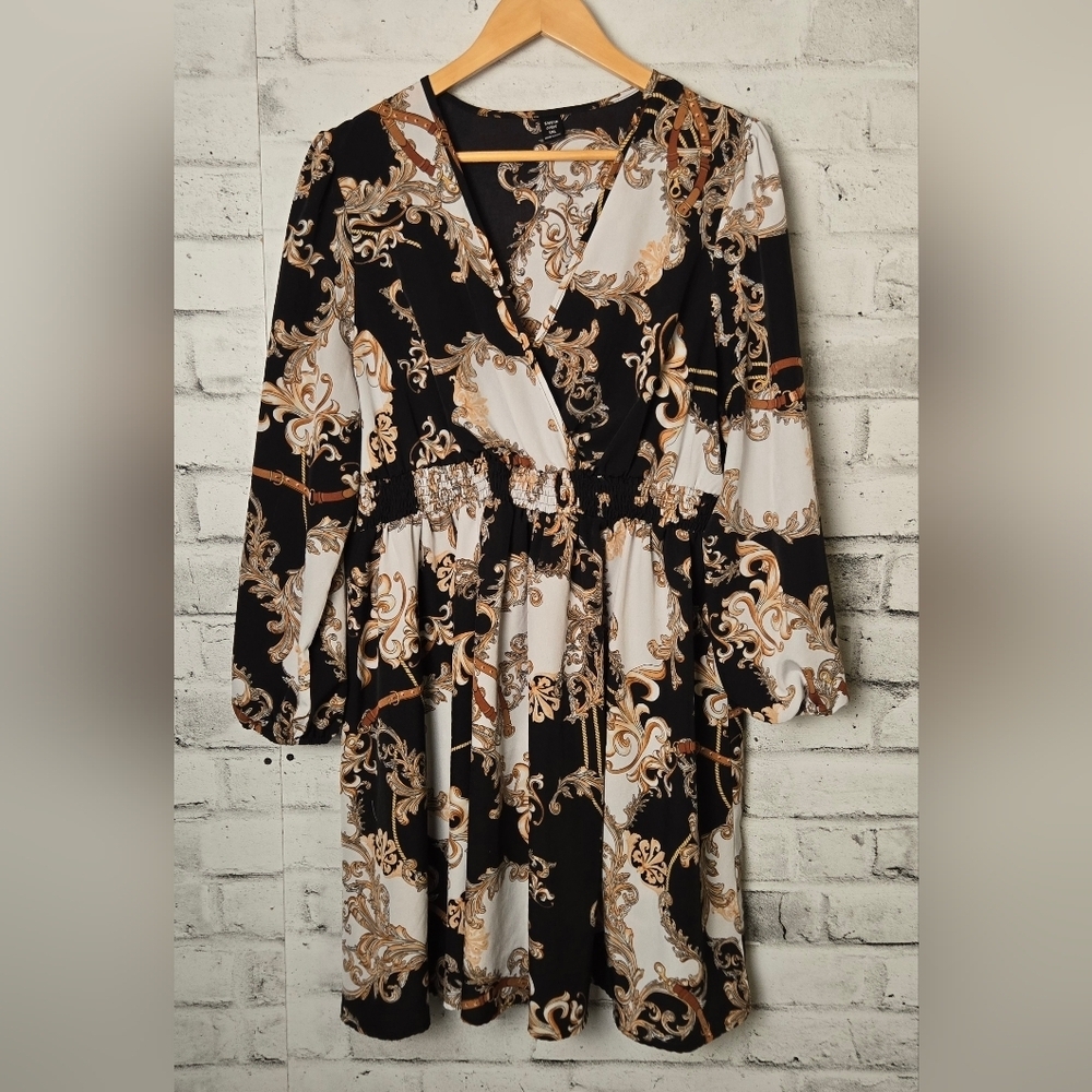 SHEIN Curve Baroque Print Smocked Waist Dress Black Gold 1XL